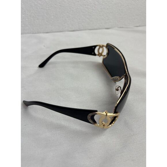 Black Y2K Shield Rimless Sunglasses Gold CC Accent Trendy Classy - Picture 2 of 7